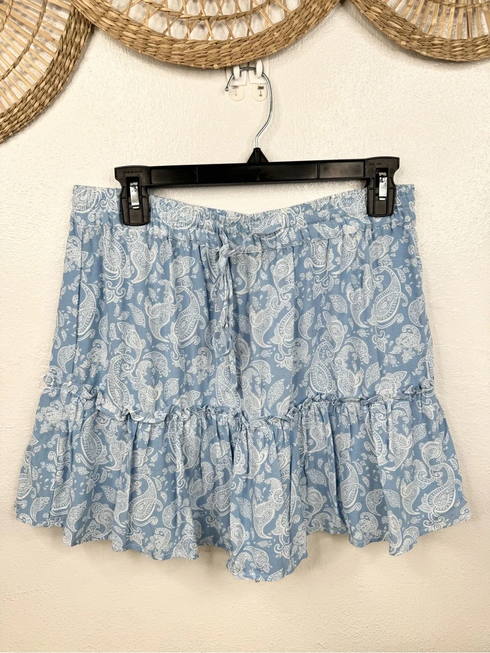 Zara Skort Womens L Blue & White Paisley Ruffle Tiered Mini Built-In